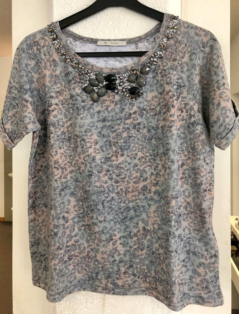 Monari T-Shirt hellgrau rose hellblau mit Schmuckkragen