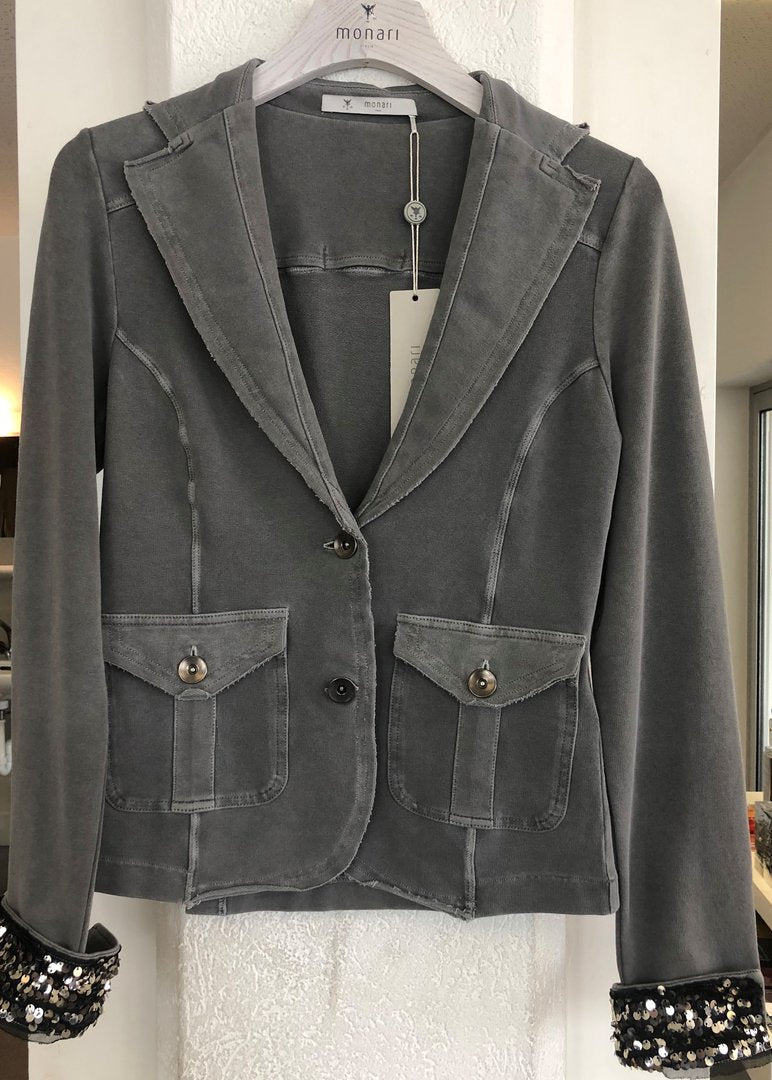 Monari Blazer grau mit Pailletten Ellebogen Pachtes